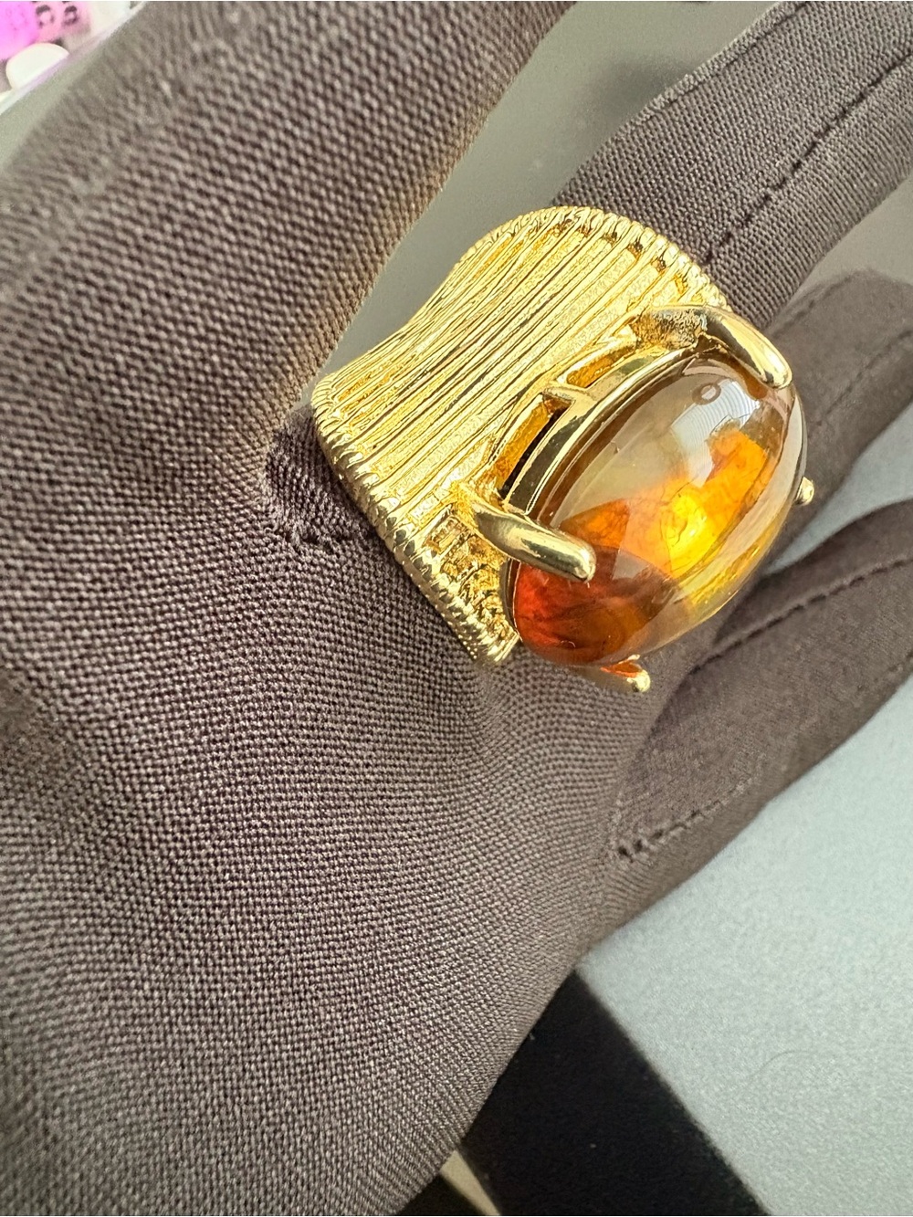 Gold Statement Ring with Amber Cabochon-adjustable open back